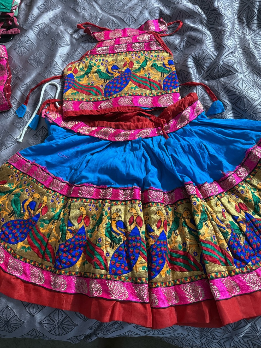 Handcrafted Blue and Multicolor Peacock Print girl Skirt